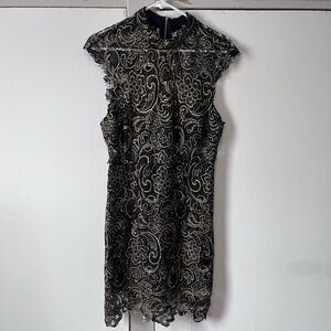 Windsor Black Gold Sleeveless Lace Cocktail Dress Knee Length L
